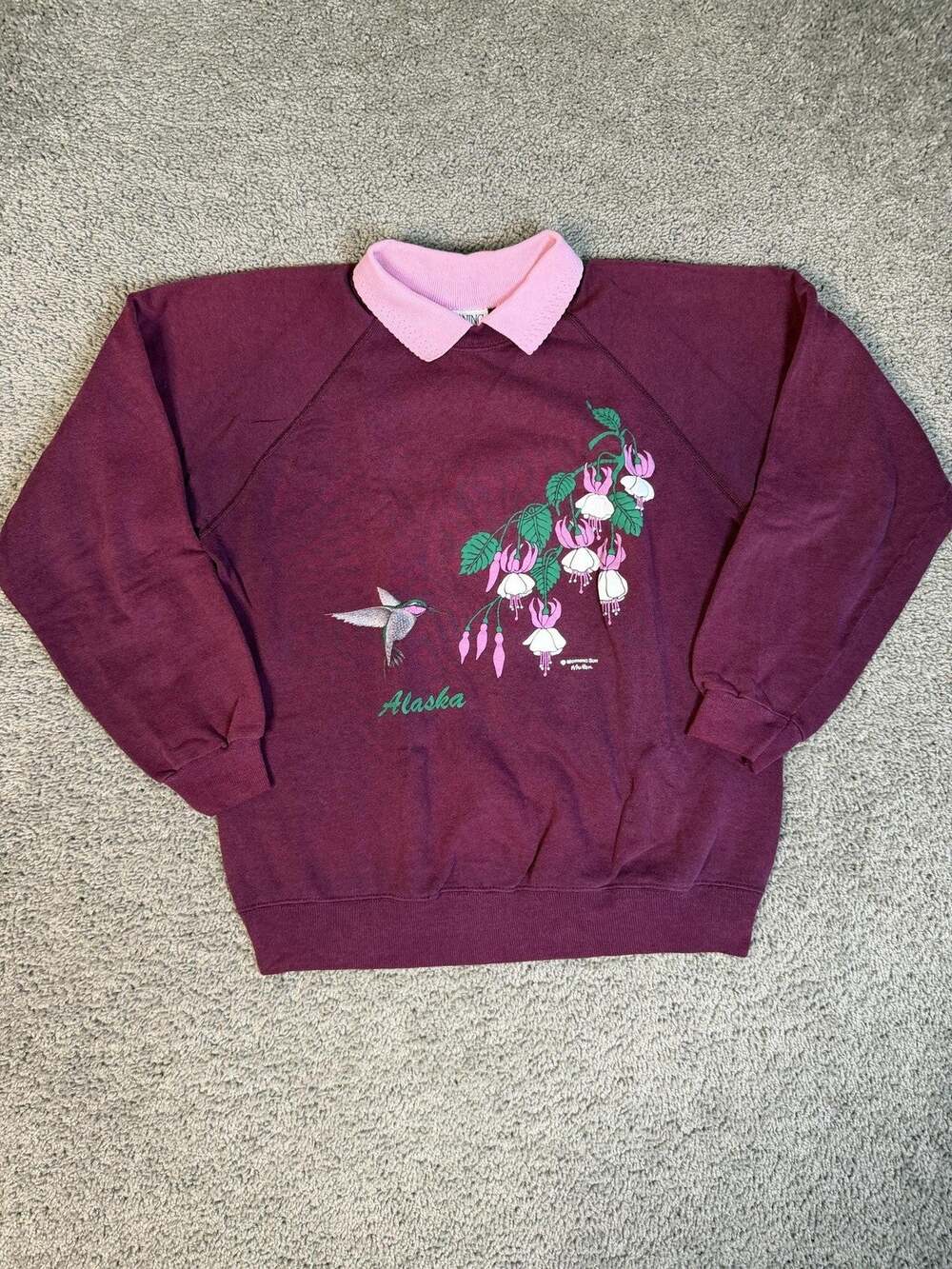 VTG Morning Sun Sweatshirt Womens L Purple Alaska Hummingbird Bleeding Hearts